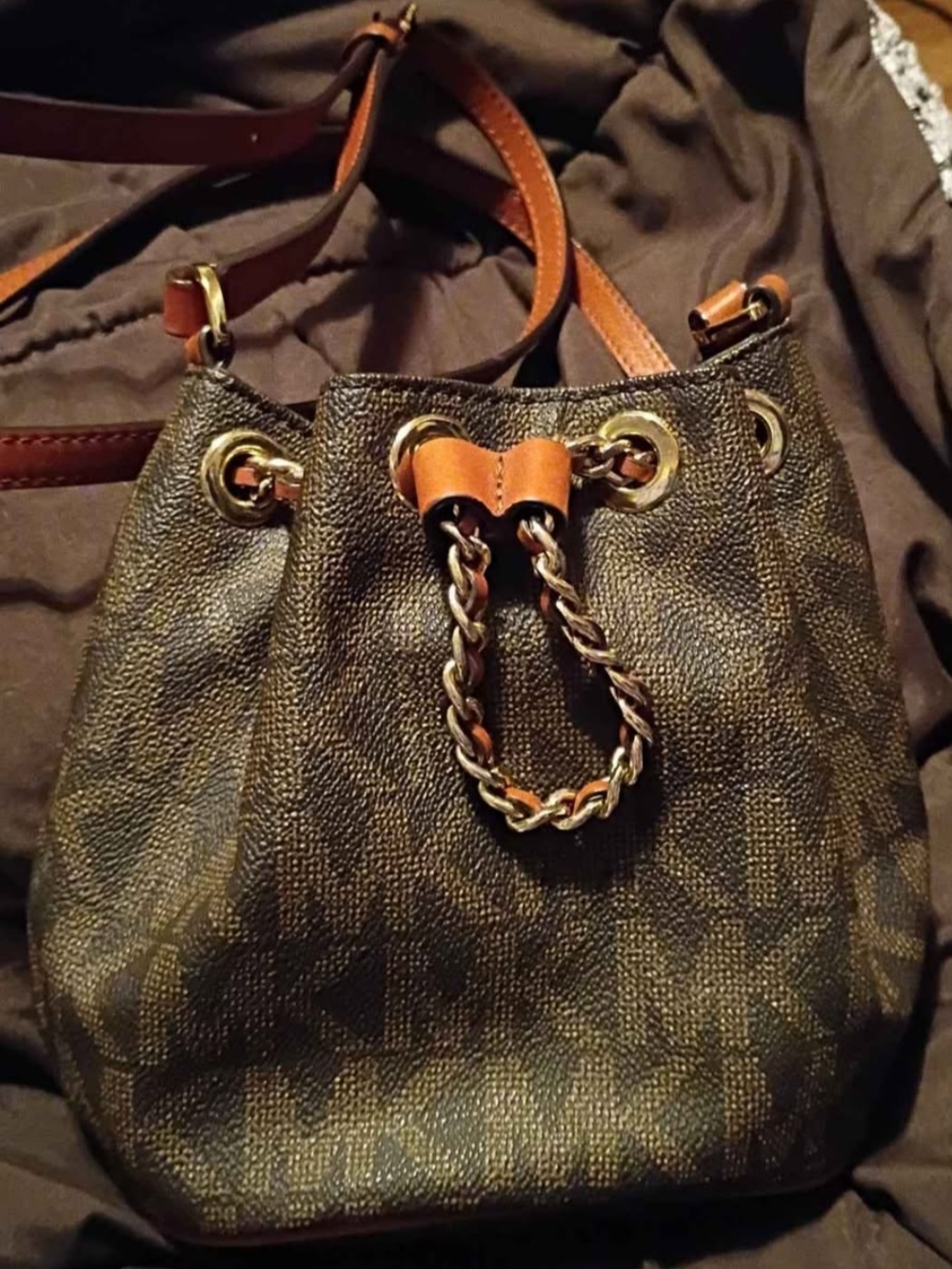 Michael Kors Frankie Drawstring Crossbody MK Monogram Chain Bag